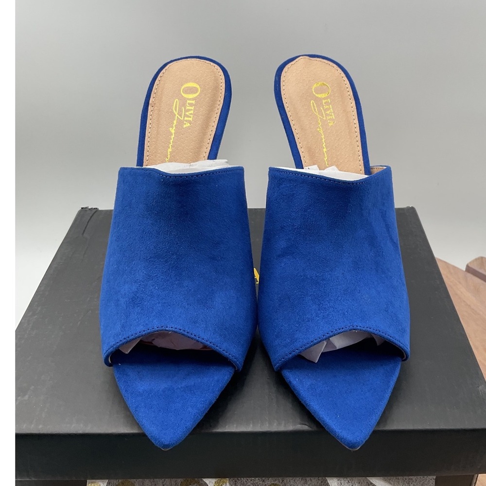Olivia Jaymes Arrow Royal Blue Suede Pointed Peep Toe Stiletto Mule Heels Size 9